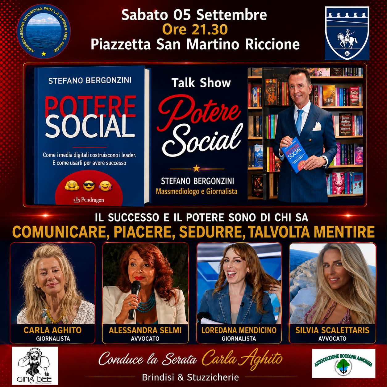 Locandina del talk show “Potere Social” con Stefano Bergonzini, Carla Aghito, Alessandra Selmi, Loredana Mendicino e Silvia Scalettaris, il 5 settembre a Riccione.