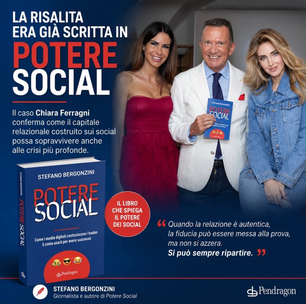 Stefano Bergonzini con Chiara Ferragni in una grafica dedicata al libro “Potere Social” e al tema della reputazione digitale.